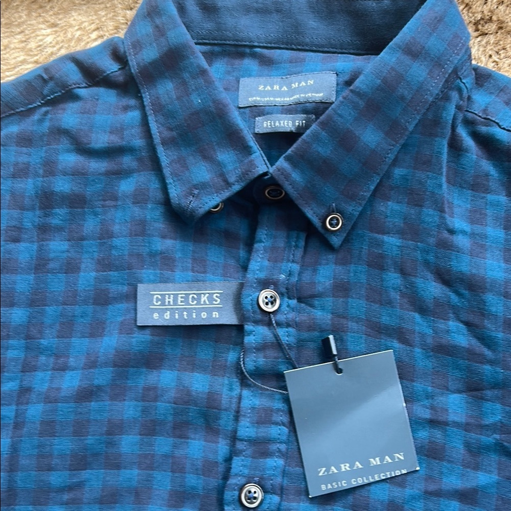 Zara Blue Casual Button Down Shirt Lightweight Cotton - Picture 2 of 4